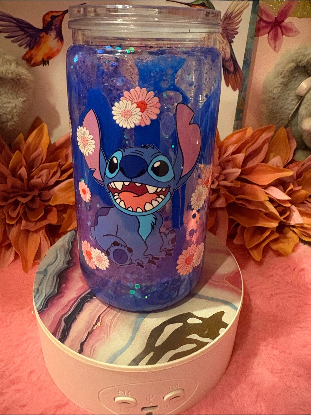 Blue Stitch Character Glitter Tumbler with Pink Daisies